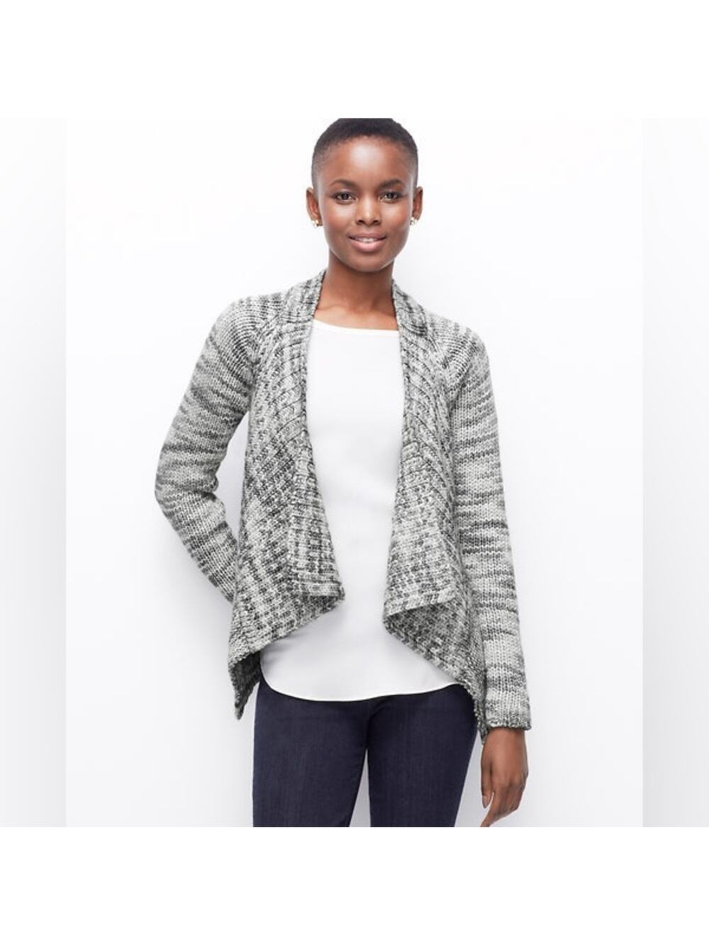 Ann Taylor Chunky Knit Marled Open Front Sweater Cardigan